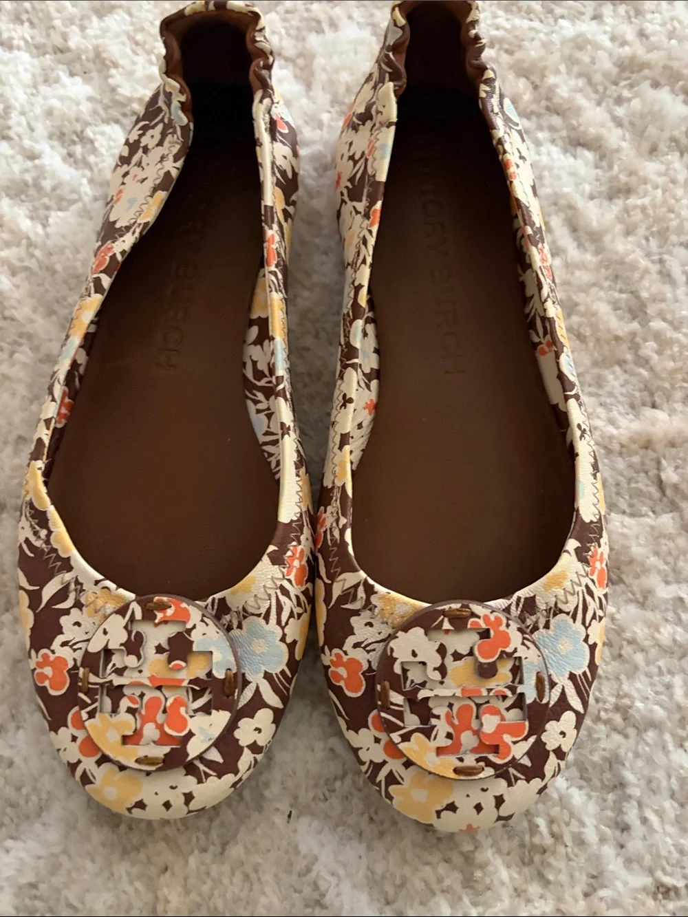 Tory Burch NEW  Logo Ballet Flats - Brown/Orange/Yellow/Cream Size 7.5 M leather